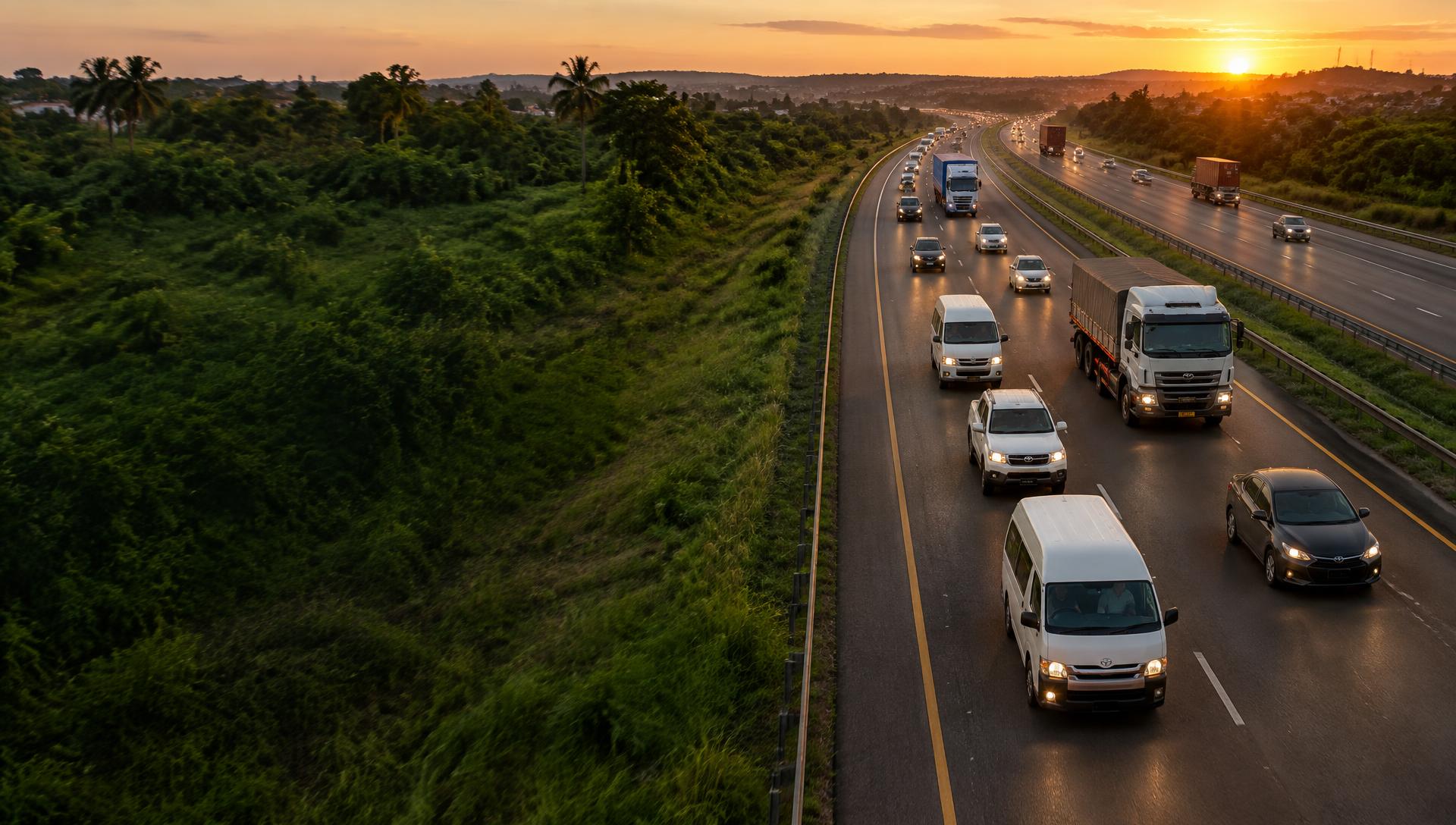 Vans, cars and trucks travelling along a Ghanaian highway at sunset