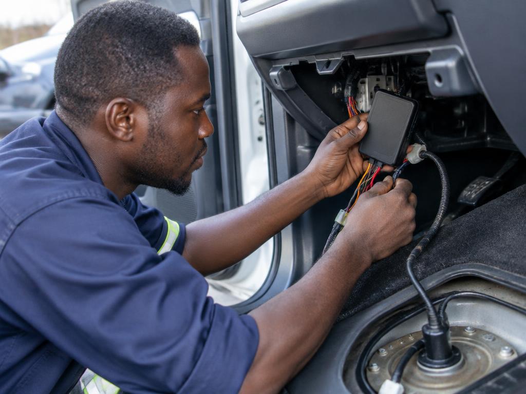 Technician installing a GPS tracking device inside a vehicle